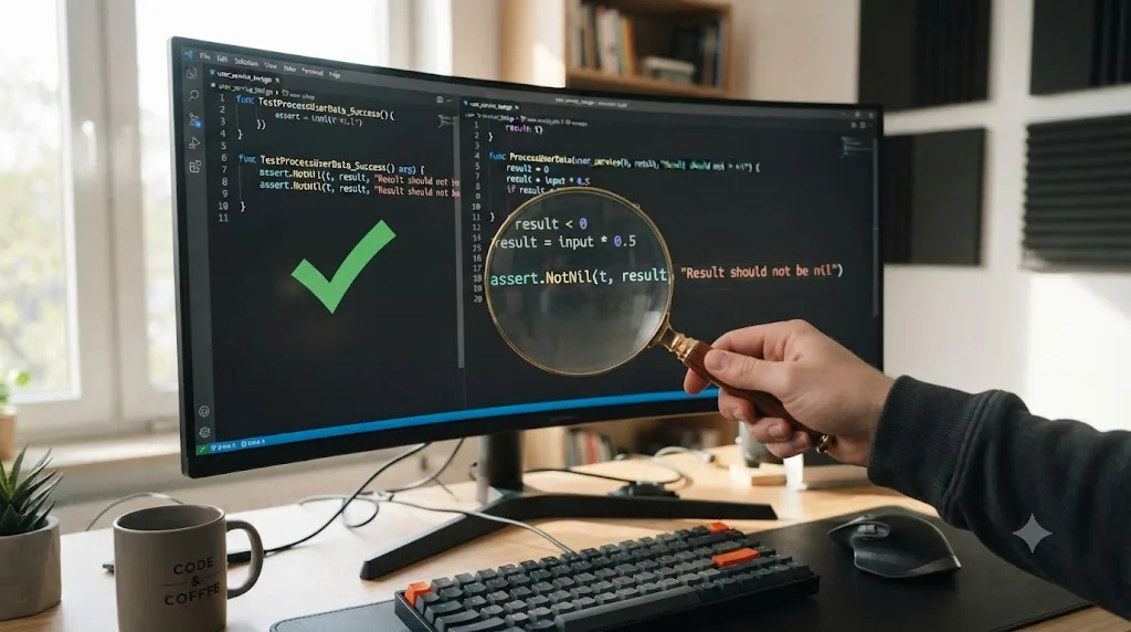 Illustration of a passing test checkmark next to a broken function, with a magnifying glass revealing the test only checks for a non-null result
