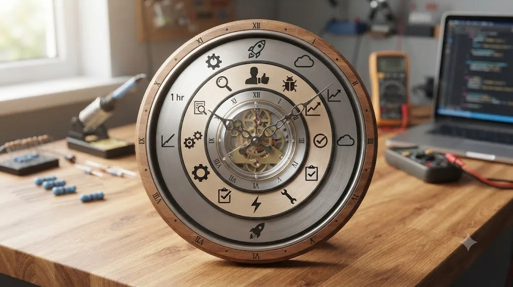 Illustration of a clock face with five time tiers showing which testing steps to run at each level of time available