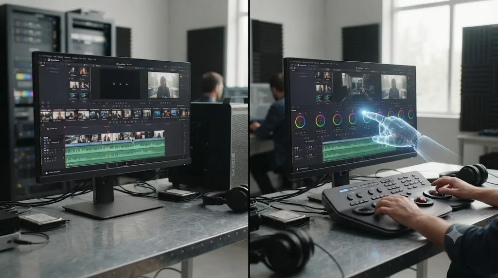 Illustration comparing an AI editing automation tool assembling a rough cut to an on-screen assistant pointing at a DaVinci Resolve control