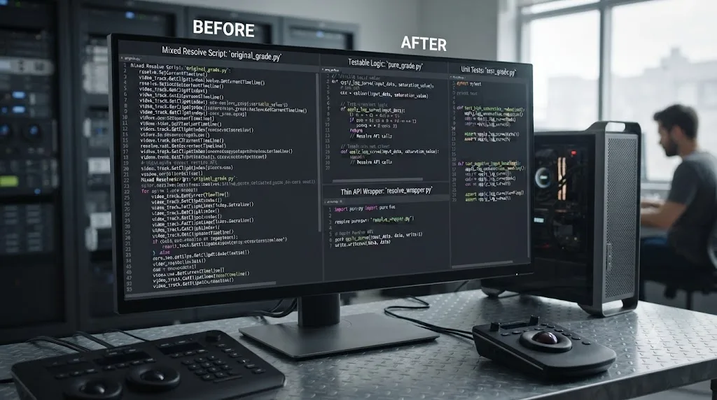 Illustration of a before-and-after code diagram showing a DaVinci Resolve script split into a testable function with unit tests beside it