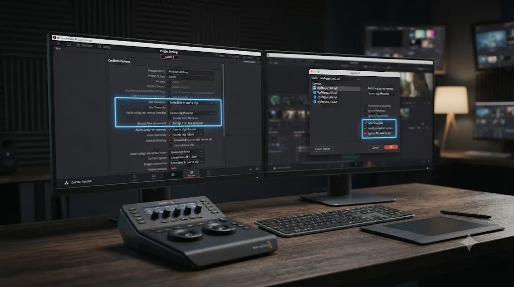 Illustration of a DaVinci Resolve Conform Options panel and Load AAF dialog with matching checkboxes highlighted