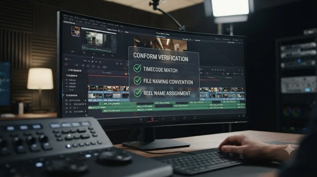 Illustration of a checklist overlay on a conformed timeline highlighting timecode and file naming verification steps
