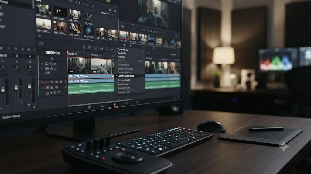 Illustration of a DaVinci Resolve timeline clip with a right-click menu showing the Conform Lock Enabled toggle
