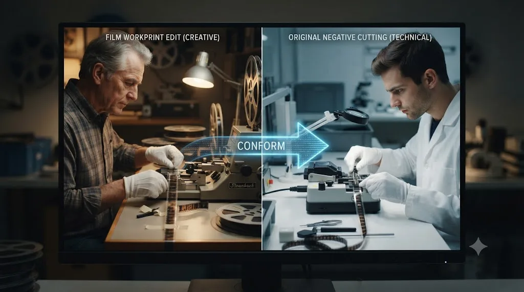 Illustration comparing a film workprint edit and a negative cutter's splice, connected by a conform process
