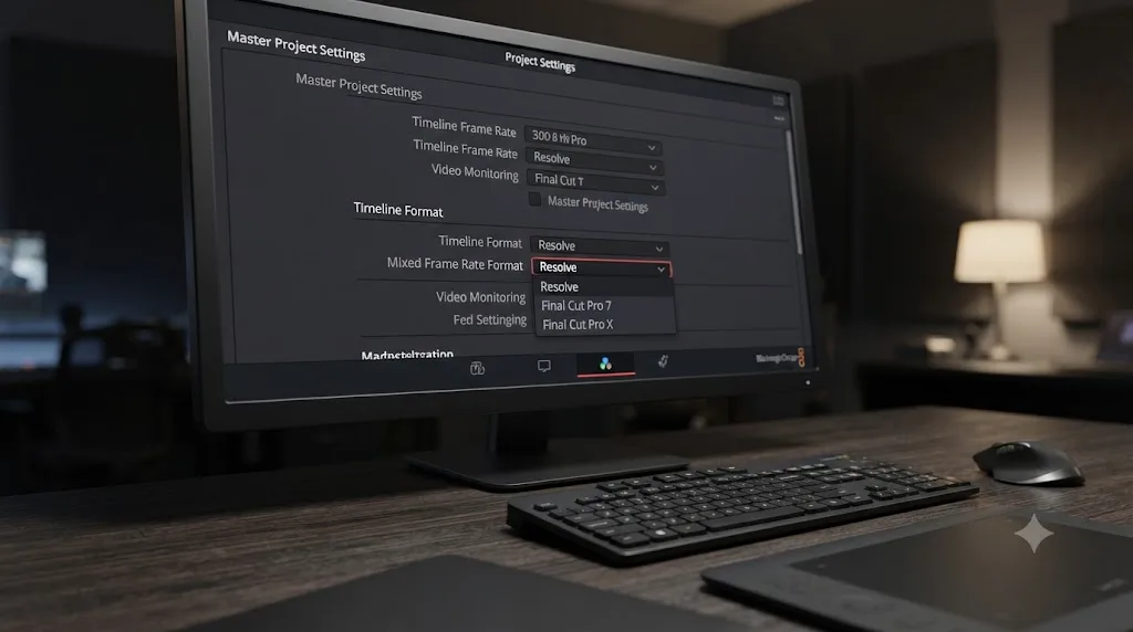 Illustration of a DaVinci Resolve Master Project Settings panel showing the Mixed Frame Rate Format dropdown