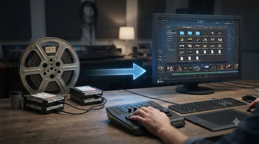 Illustration of original camera negative files and proxy files connected by a conform process arrow