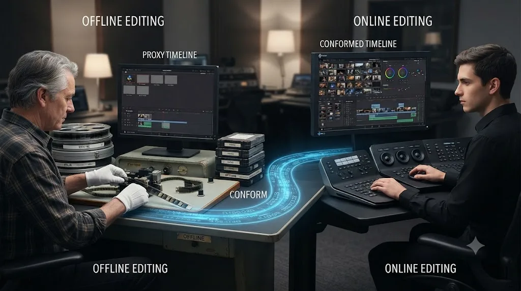 Illustration of an offline editing stage feeding into an online editing stage through a conform process