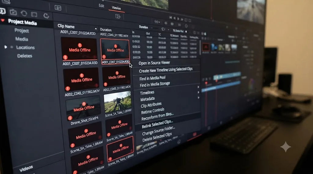 Illustration of a DaVinci Resolve Media Pool with offline clips and a relink command menu
