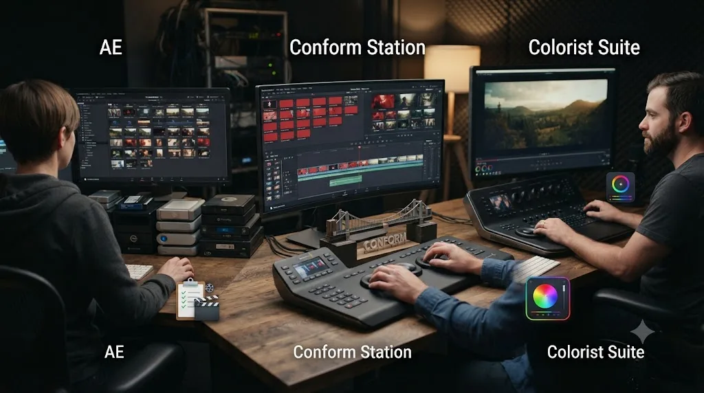 Illustration of an assistant editor, online editor, and colorist positioned along a post-production pipeline with a conform step
