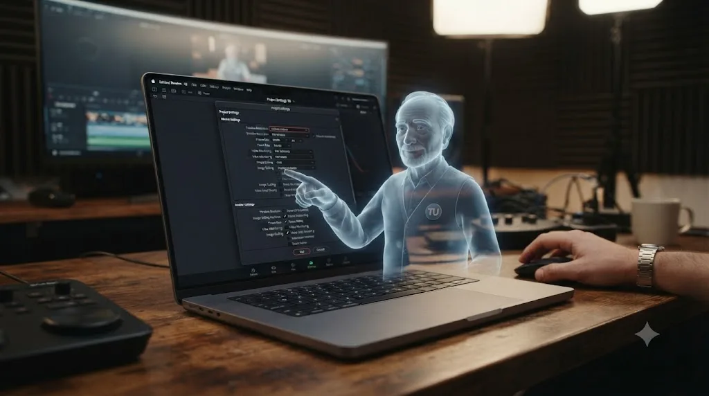 Illustration of the TryUncle assistant pointing at a DaVinci Resolve Master Project Settings panel on a Mac screen