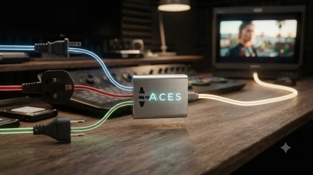 Illustration of a universal adapter analogy for ACES color management connecting different camera color formats