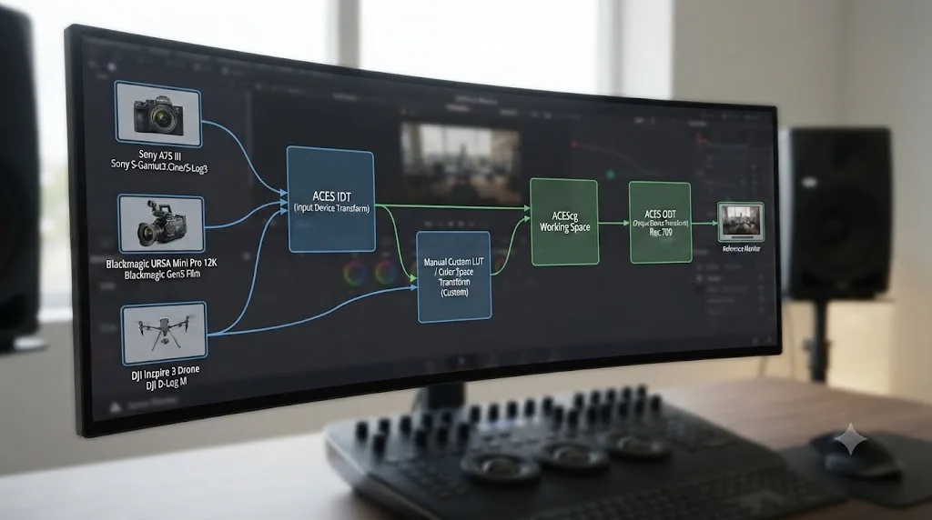 Illustration of a worked example showing Sony and Blackmagic camera footage using direct ACES input transforms while drone footage without a published transform is handled separately
