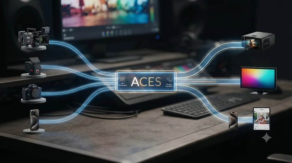 Illustration of camera footage from several different brands flowing into one shared color pipeline labeled ACES