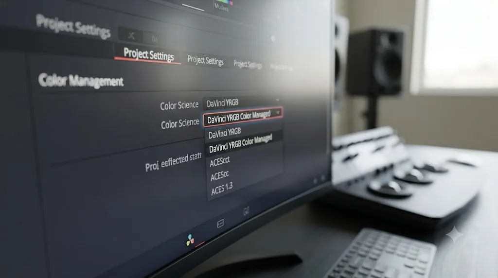 Illustration of a DaVinci Resolve Color Science dropdown showing Resolve Color Management and ACES listed as separate options