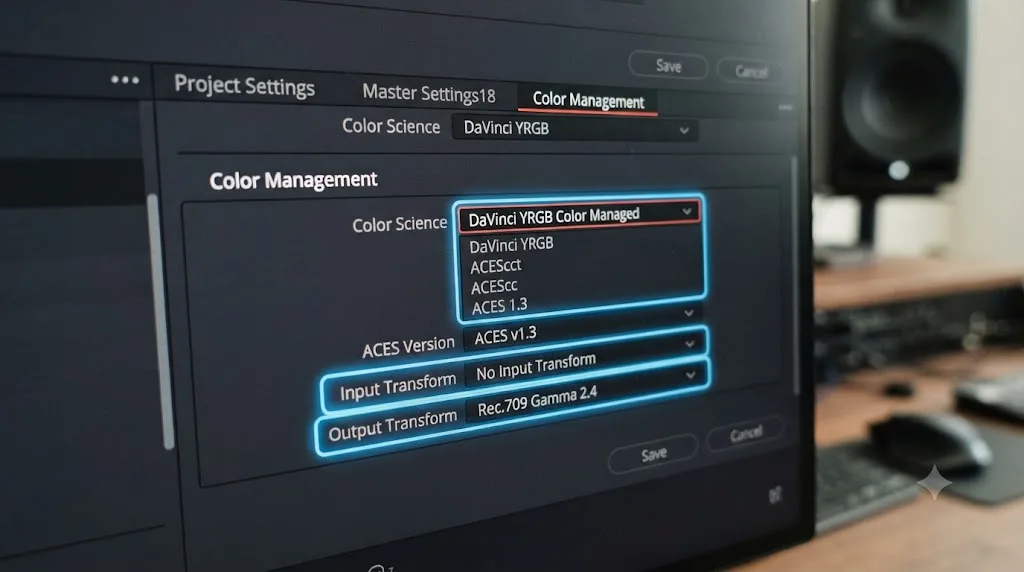 Illustration of the DaVinci Resolve Color Management panel showing the Color Science, ACES version, Input Transform, and Output Transform dropdowns in sequence