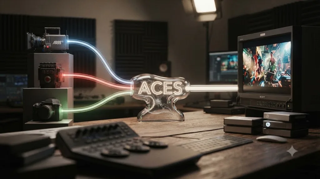 Illustration of three different camera brands converging into one shared ACES color working space before grading