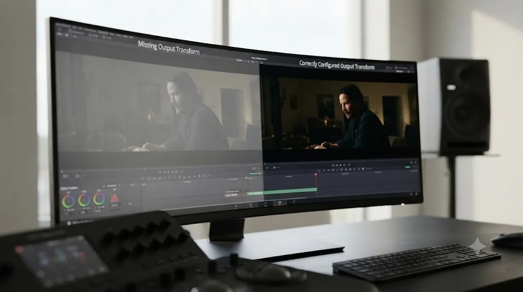 Illustration comparing a DaVinci Resolve timeline with a missing ACES Output Transform against one with the transform correctly configured