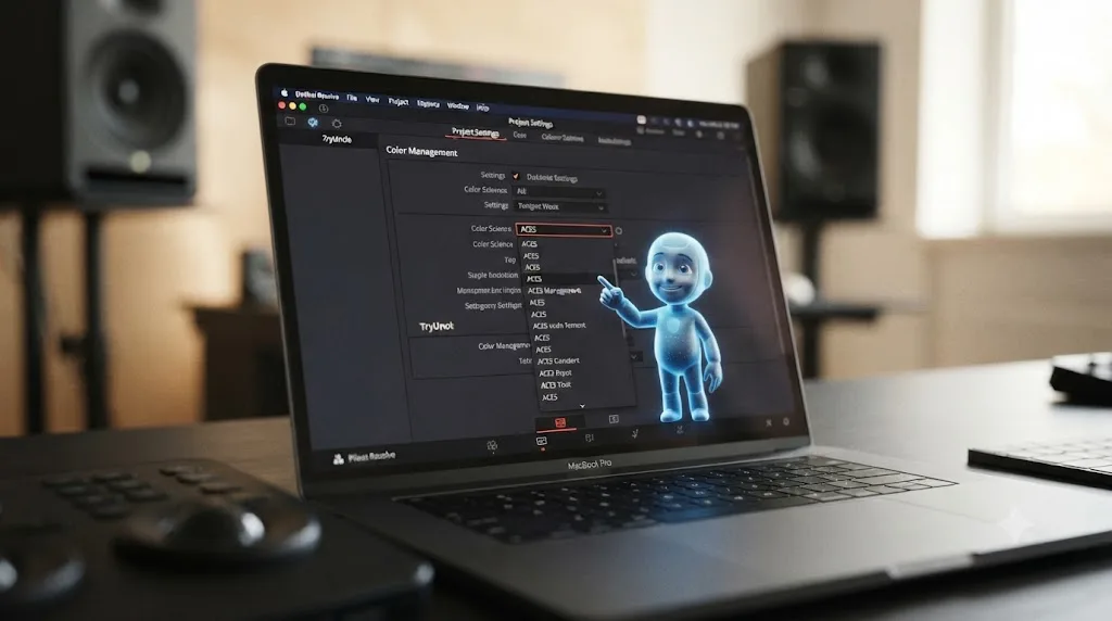 Illustration of the TryUncle assistant pointing at an ACES Color Science dropdown in DaVinci Resolve on a Mac screen