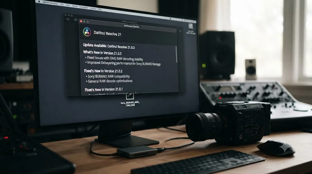 Illustration of a DaVinci Resolve update notification highlighting RAW decode fixes across point releases