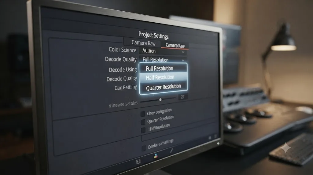 Illustration of a DaVinci Resolve Camera Raw panel with a Decode Quality dropdown highlighted