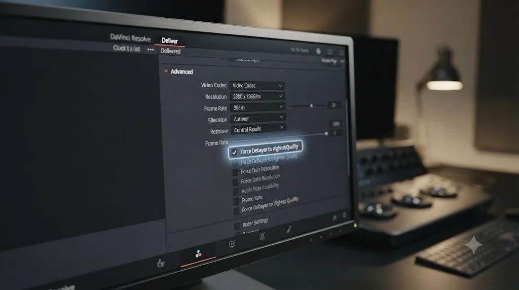 Illustration of a DaVinci Resolve Deliver page Advanced settings panel with a Force Debayer to Highest Quality checkbox highlighted