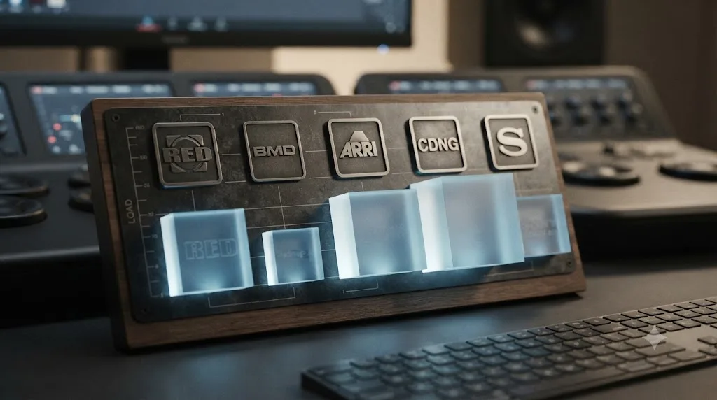 Illustration comparing the relative debayer processing weight of RED, Blackmagic RAW, ARRIRAW, CinemaDNG, and Sony RAW format icons
