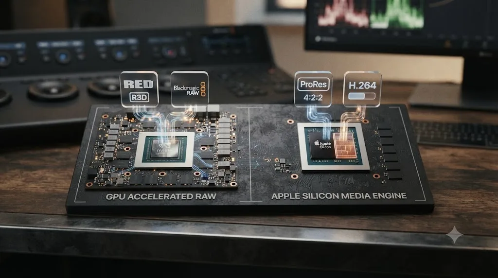 Illustration comparing GPU-accelerated RAW debayer formats against an Apple Silicon media engine that does not accelerate RAW debayering