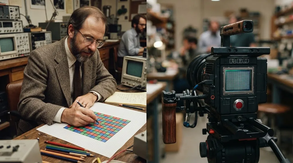 Illustration comparing a 1970s Bayer filter sketch to a modern cinema camera sensor using the same pattern