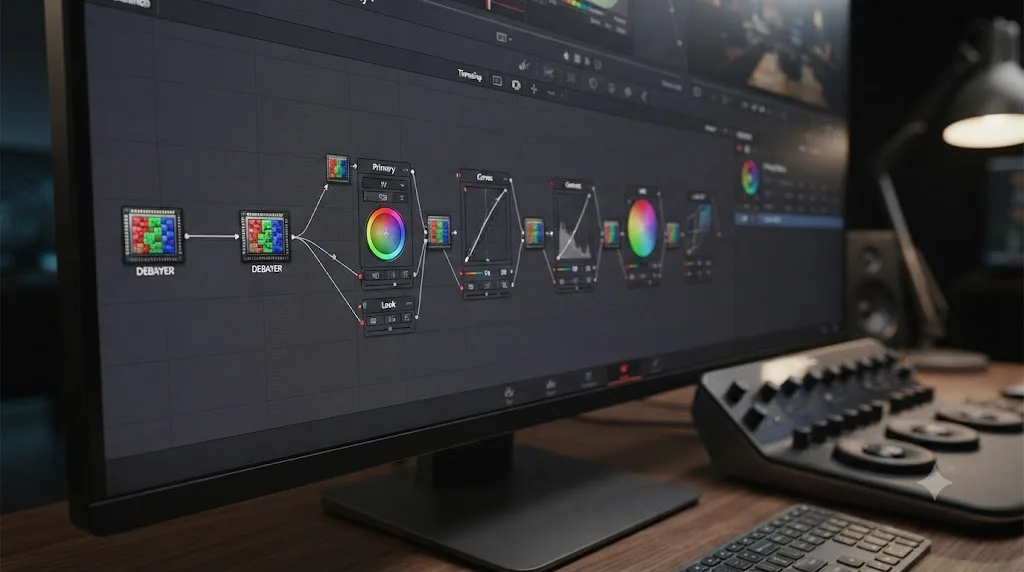 Illustration of a DaVinci Resolve node pipeline showing a debayer step positioned before every color grading node