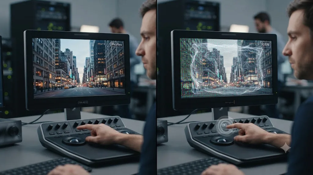 Illustration comparing a ProRes file playing instantly against a RAW file passing through a debayer reconstruction step