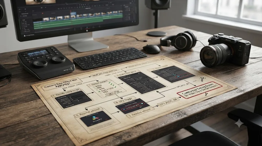 Illustration of a troubleshooting flowchart for diagnosing why a DaVinci Resolve Camera Raw setting appears to have no effect