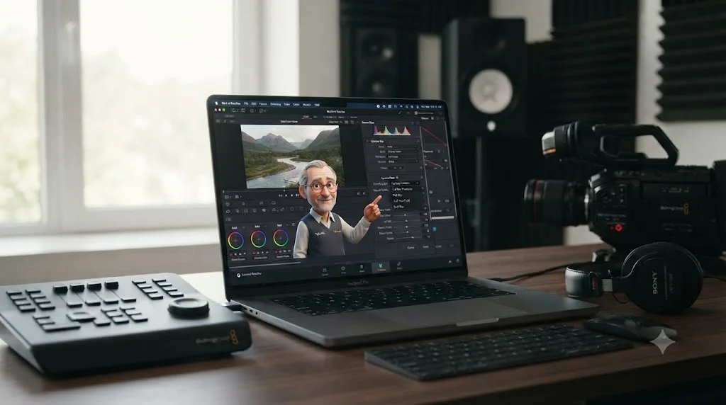 Illustration of the TryUncle assistant pointing at a Decode Quality dropdown inside a DaVinci Resolve Camera Raw panel on a Mac screen