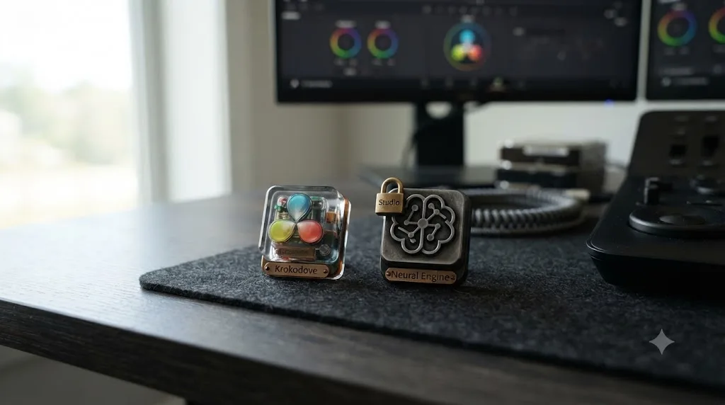 Illustration comparing a Krokodove node without a lock icon to a Neural Engine tool icon with a Studio lock badge