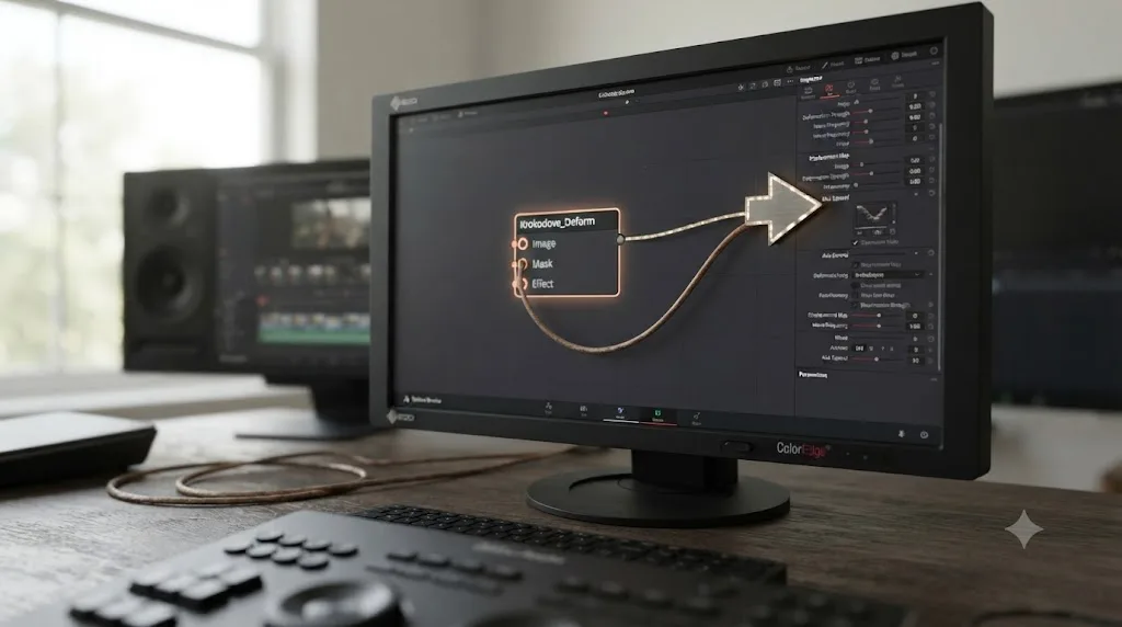 Illustration of a Fusion node with its input connections highlighted next to the Inspector panel showing its parameters
