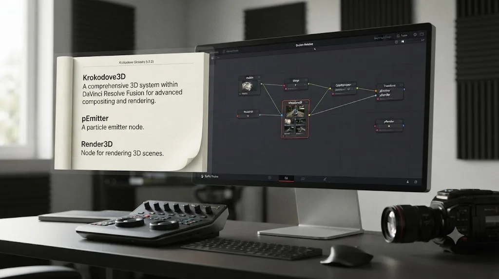 Illustration of an open glossary page floating next to a DaVinci Resolve Fusion node graph