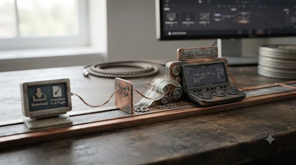 Illustration of a timeline showing Krokodove moving from a standalone Fusion plugin to a built-in DaVinci Resolve 21 feature