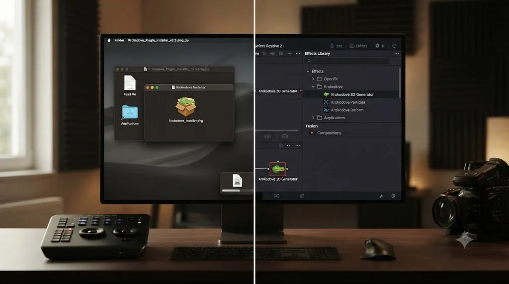Illustration comparing a downloaded Krokodove plugin installer with the same tool already present inside DaVinci Resolve 21's Effects Library