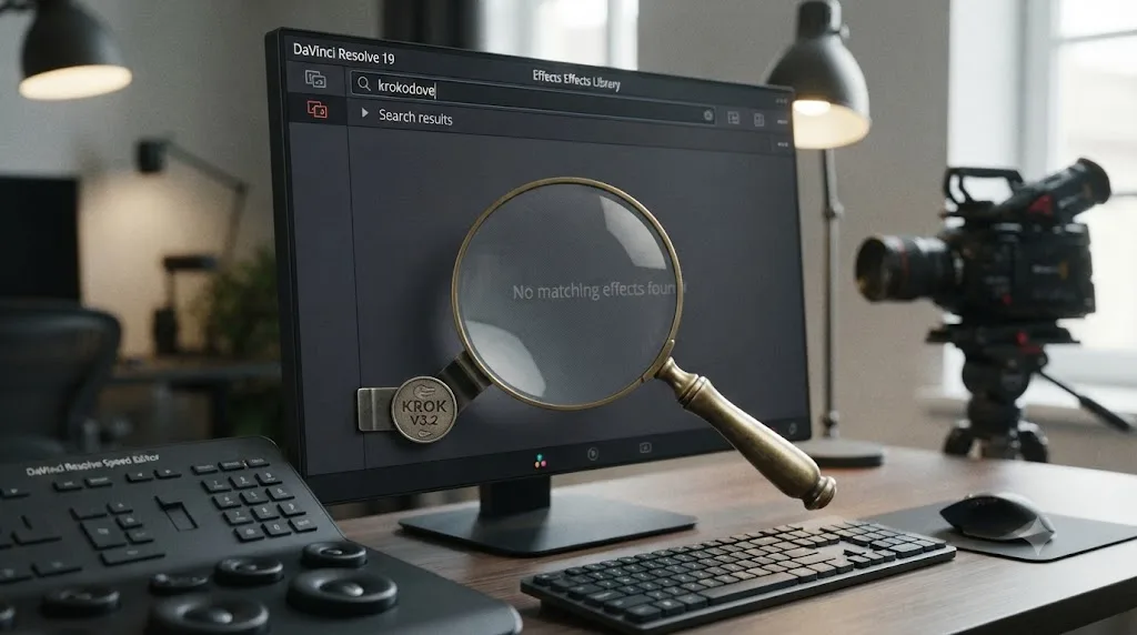 Illustration of a magnifying glass over an empty search result in the Effects Library, with a version number badge nearby
