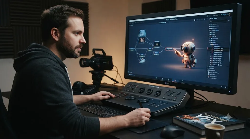 Illustration of a person working in DaVinci Resolve's Fusion page while a small assistant character points at a Krokodove node in the Effects Library