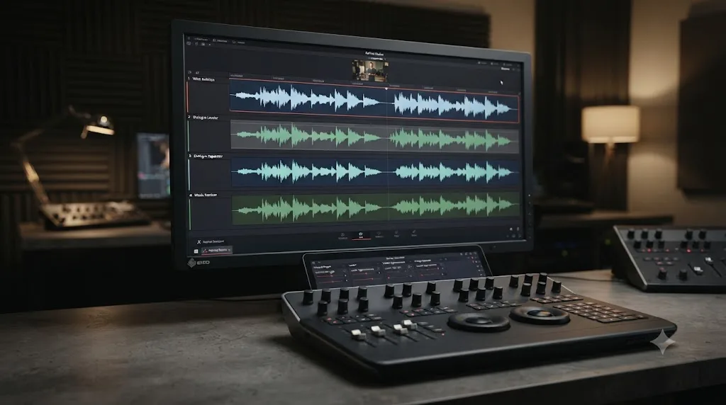 Illustration of a Fairlight waveform split into four lanes representing different DaVinci Resolve audio AI tools