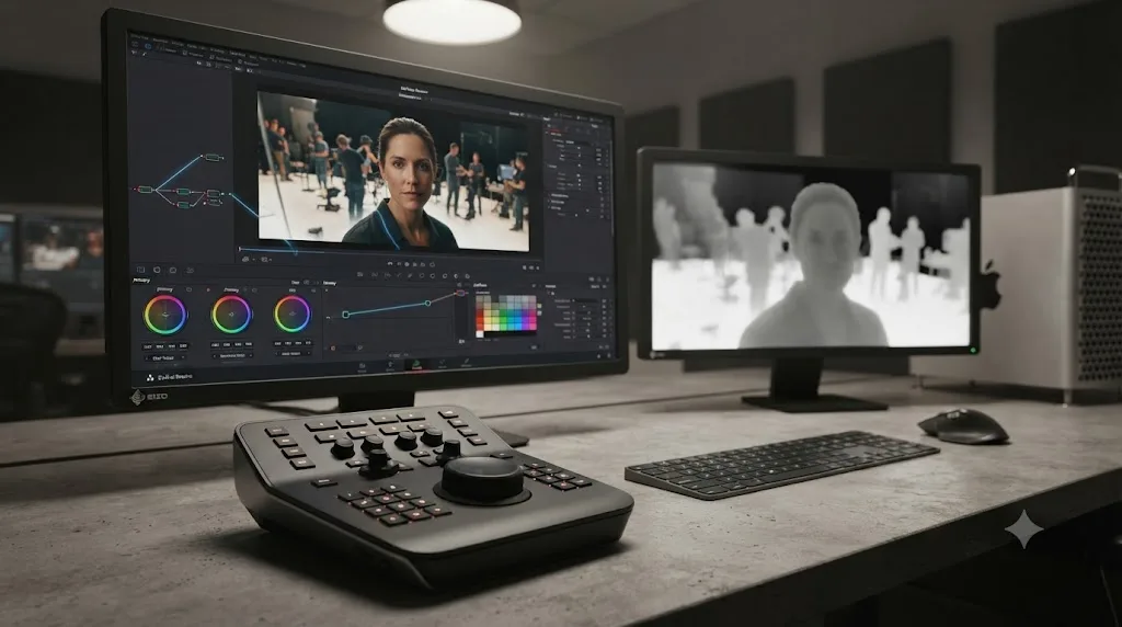 Illustration of DaVinci Resolve's CineFocus tool showing an AI-generated depth map and a synthetic shallow depth of field effect