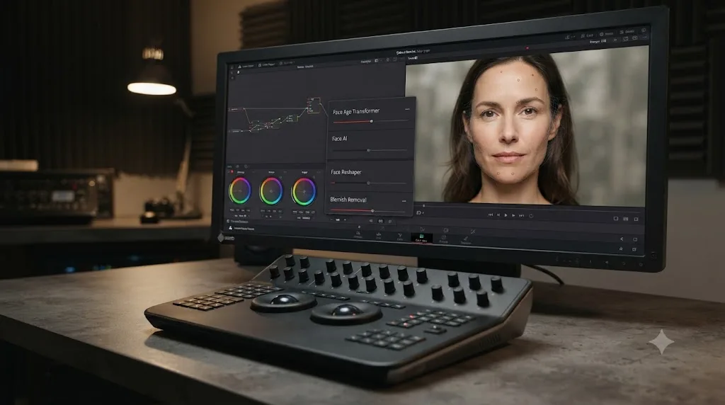 Illustration of DaVinci Resolve's facial AI tools showing sliders for age transformation, reshaping, and blemish removal on a tracked face