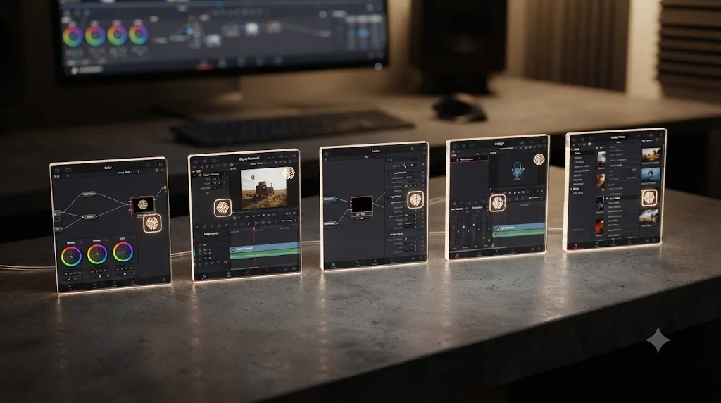 Illustration of the DaVinci Resolve Color, Edit, Fusion, Fairlight, and Photo pages each marked with an AI tool icon