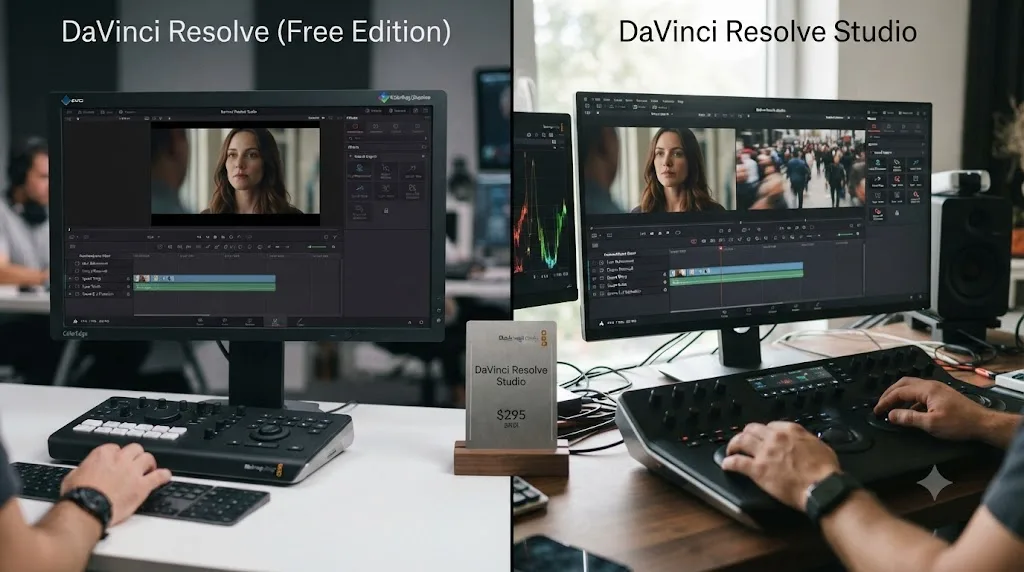 Illustration comparing DaVinci Resolve's free and Studio editions with different sets of Neural Engine tools unlocked