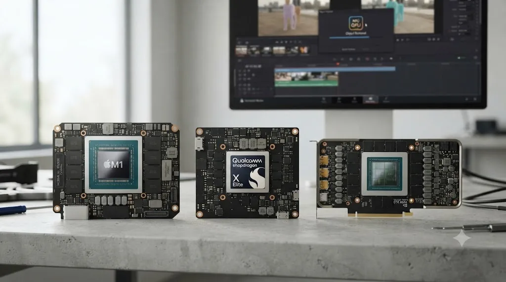 Illustration comparing Apple M-series, Snapdragon X Elite, and discrete GPU hardware all running DaVinci Resolve's Neural Engine