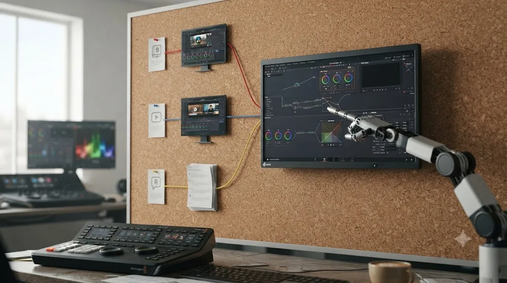 Illustration of a DaVinci Resolve learning path from free training and tutorials to the TryUncle assistant pointing at a specific control