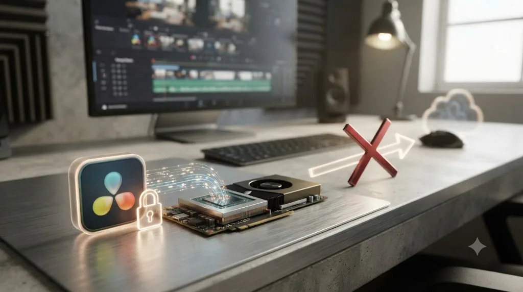 Illustration of DaVinci Resolve footage being processed locally on a GPU with a crossed-out arrow toward a cloud server