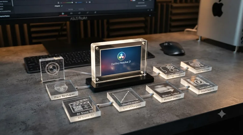 Illustration of nine labeled icons representing DaVinci Resolve 21's newest AI tools arranged around the application