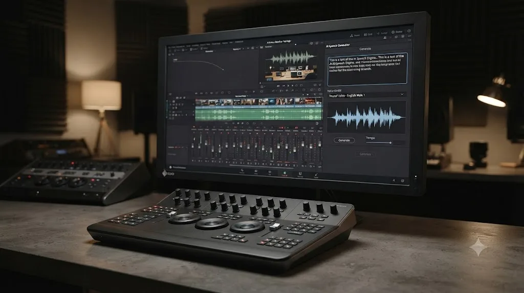 Illustration of DaVinci Resolve's AI Speech Generator panel showing a typed text field and a generated speech waveform