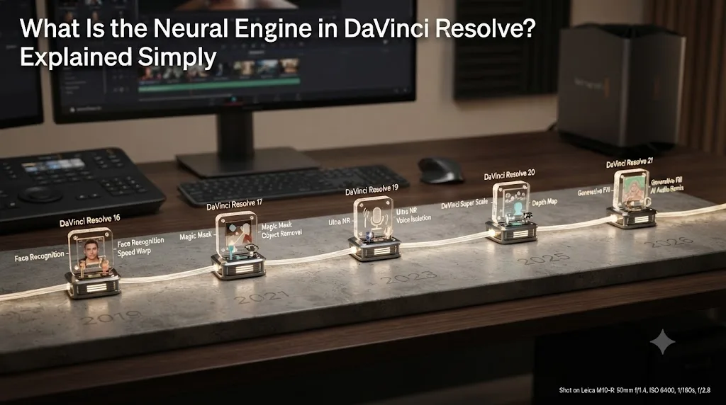 Illustration of a DaVinci Resolve version timeline showing Neural Engine feature additions from 2019 through 2026